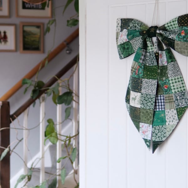 Oversized Green Christmas Bow - Handmade Patchwork Decoration