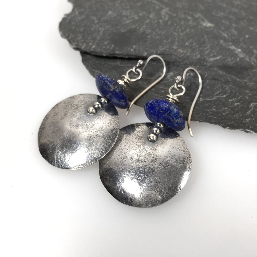Large round silver and lapis lazuli earrings