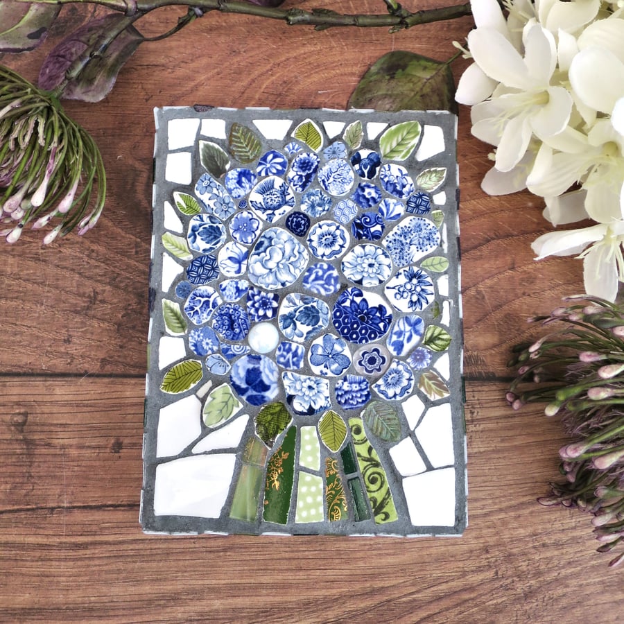 Blue and White Mosaic Flower Bouquet, Handmade Vintage Wall Art