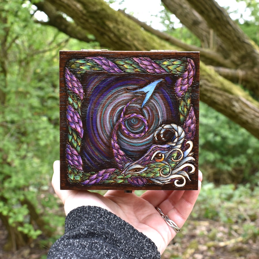 The time keepers portal. Pyrography fantasy dragon box.