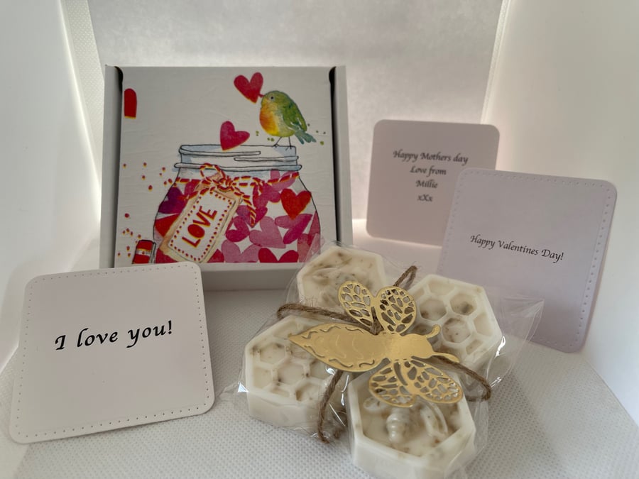 Handmade Honey and Wholegrain hand soap gift set, Jar of hearts design 