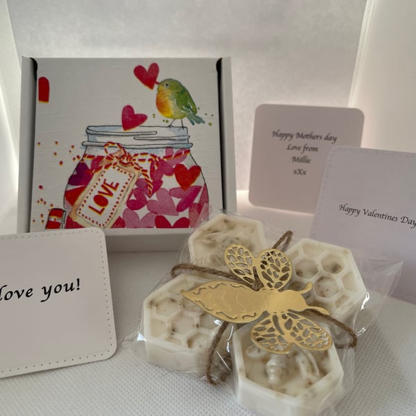 Handmade Honey and Wholegrain hand soap gift set, Jar of hearts design 