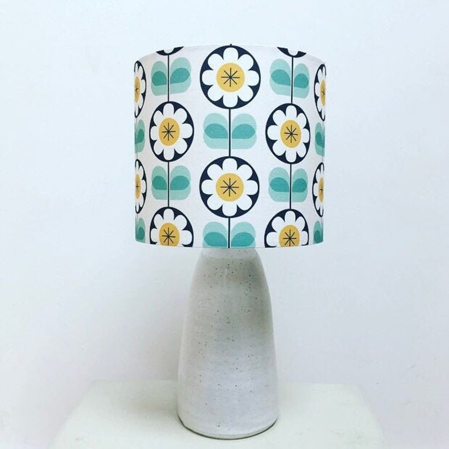 Handmade teal and mustard daisy fabric drum lampshade