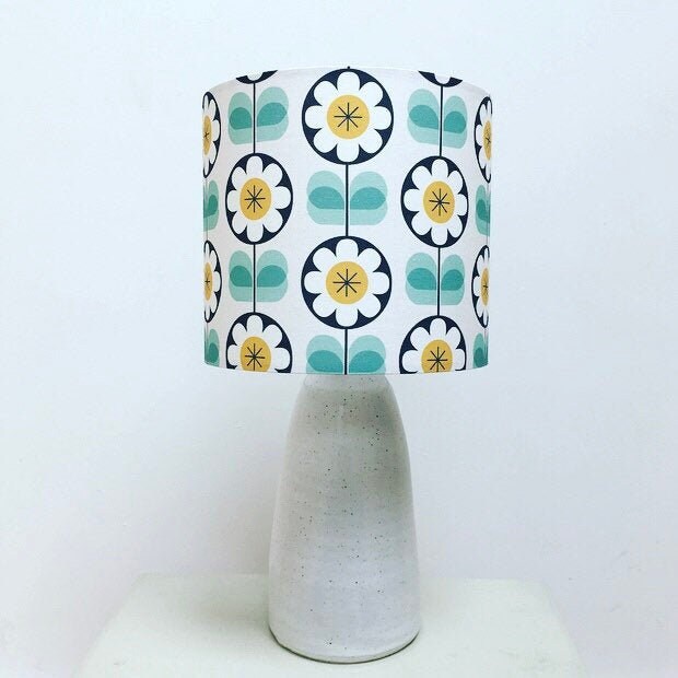 Handmade teal and mustard daisy fabric drum lampshade