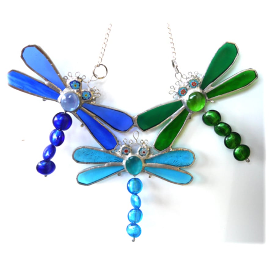 Trio of Dragonflies Suncatcher Stained Glass 011