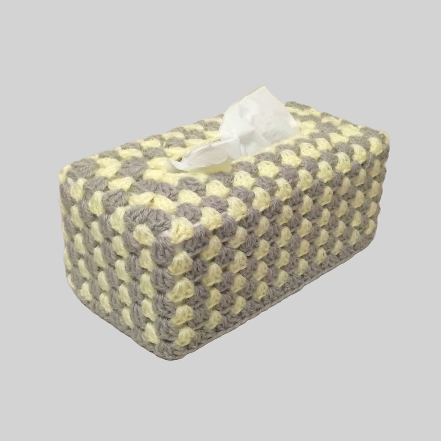 Tissue box cover in yellow (lemon) and grey stripes, crochet cover, handmade