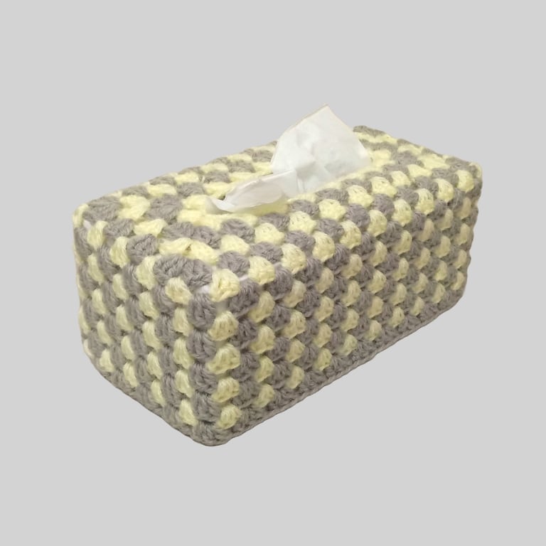 Tissue box cover in yellow (lemon) and grey stripes, crochet cover, handmade