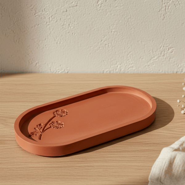 Terracotta Oval Catchall Tray with Floral Detail