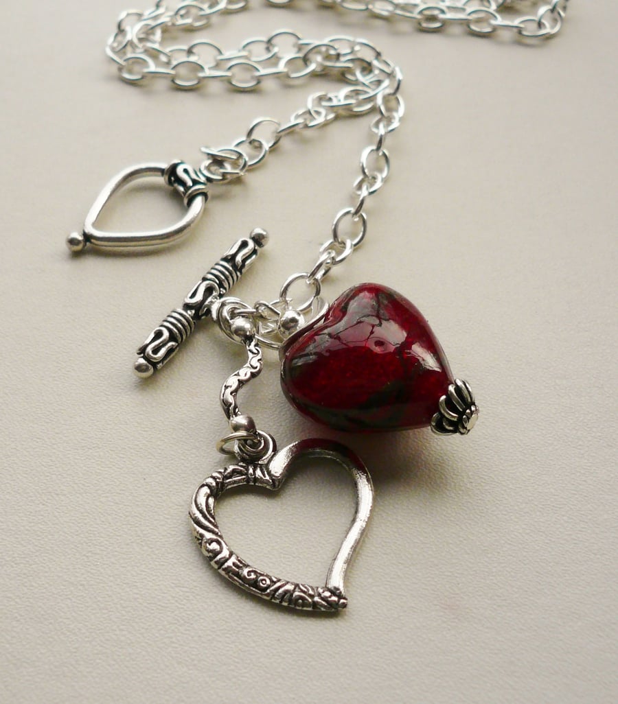 Pendant Necklace Red Glass and Silver Heart    KCJ511