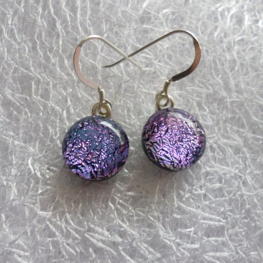 Stunning Pink Purple Dichroic Glass Drop Earrings with 925 Silver Earwires