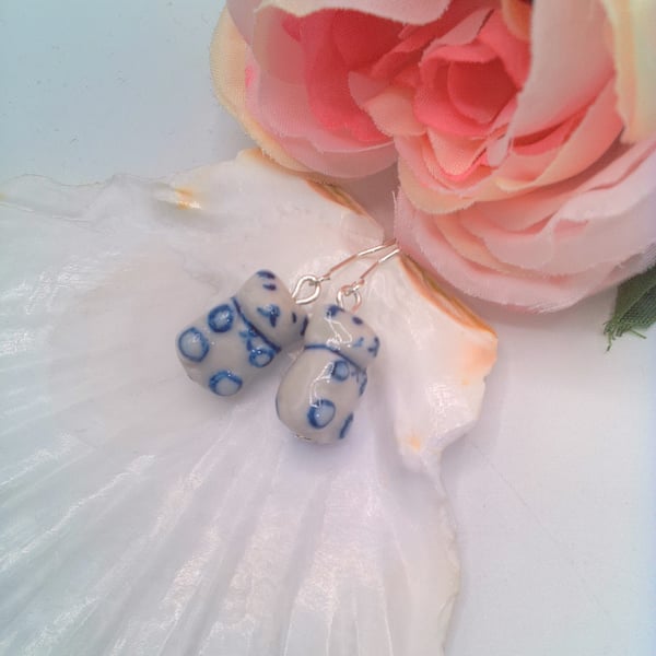 Earrings With White Ceramic Pandas with Blue Markings, Panda Earrings