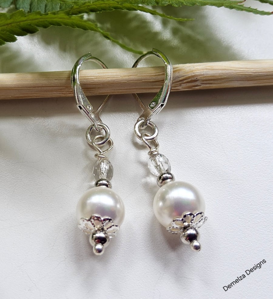 White Shell Pearl & Crystal Silver Plated Earrings 