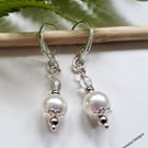 White Shell Pearl & Crystal Silver Plated Earrings 