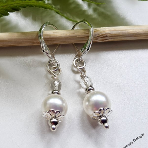 White Shell Pearl & Crystal Silver Plated Earrings 