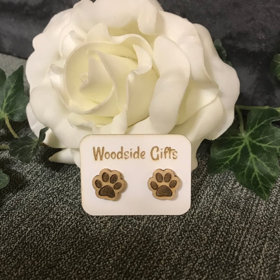 Paw stud earrings - laser engraved wooden stud earrings.