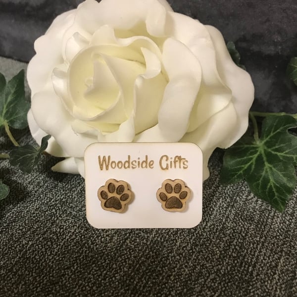 Paw stud earrings - laser engraved wooden stud earrings.