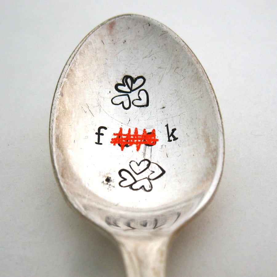 F-word, rude adult spoon, handstamped vintage coffeespoon with hearts