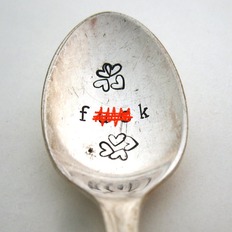F-word, rude adult spoon, handstamped vintage coffeespoon with hearts