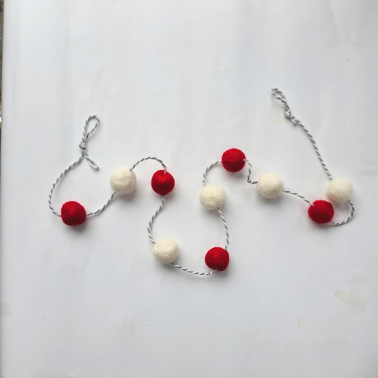 Handmade red and white ho ho ho felt ball garland