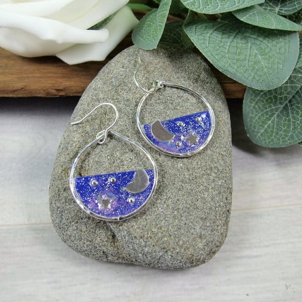 Celestial Earrings, Sterling Silver and Copper with Enamel
