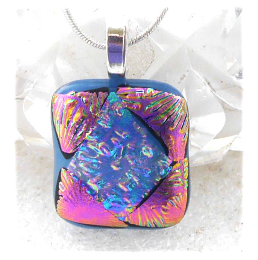 Pink Patchwork Dichroic Glass Pendant 200 silver plated chain