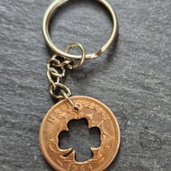 Upcycled half penny coin keyring or bag charm with 4 leaf clover cut-out