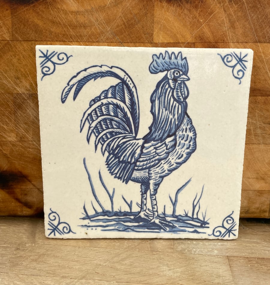 Handmade stoneware tile with Cockerel image