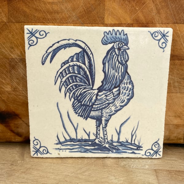 Handmade stoneware tile with Cockerel image