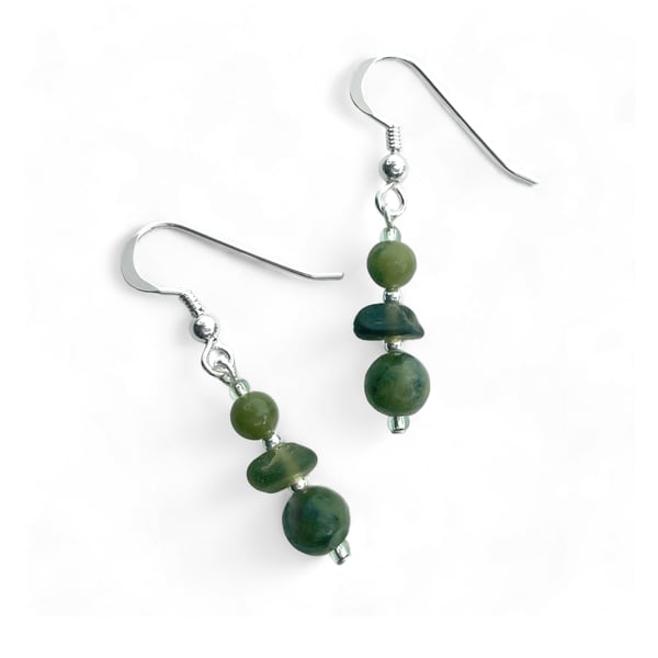 Sea Glass Earrings. Green Jade Crystal Beaded Dangly Earrings - Sterling Silver