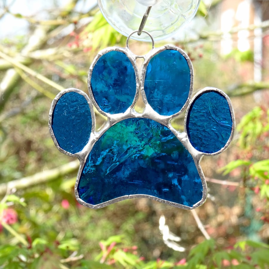 Stained Glass Paw Print Suncatcher - Handmade Hanging Decoration - Teal