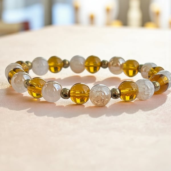 Amber Glass Stretch Bracelet, with shimmering dyed Jade
