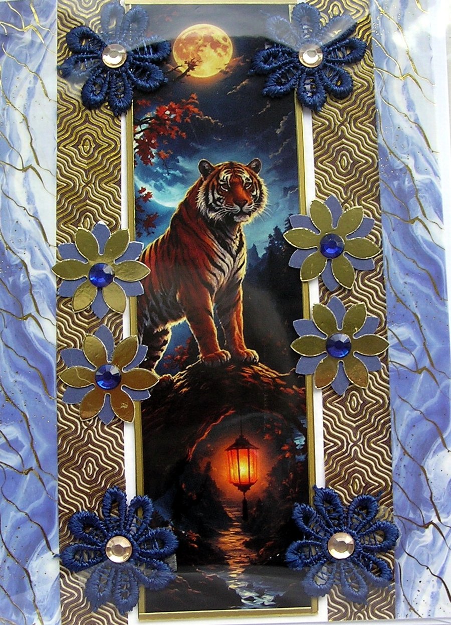 Hand Crafted Decoupage Greeting Card - Blank - 3414 Tiger Wildlife Animal