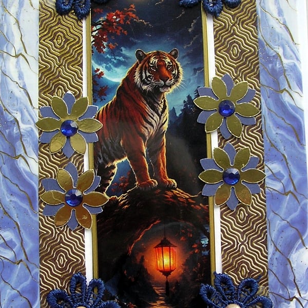 Hand Crafted Decoupage Greeting Card - Blank - 3414 Tiger Wildlife Animal