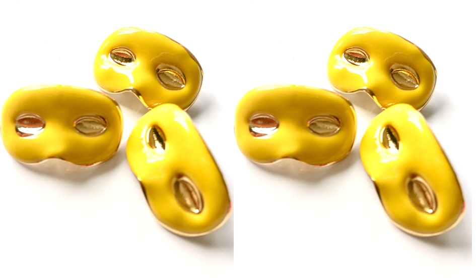 6 Masked Ball Buttons, Yellow, 25mm Wide, Enamel Covered Metal, Italian Designer
