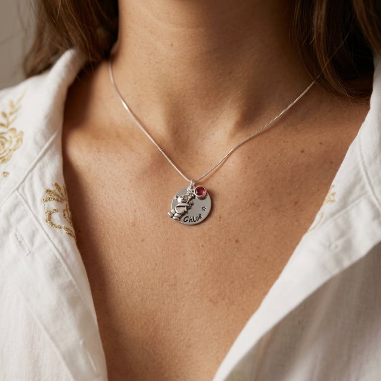 Personalised Necklace with Teddy Bear and Birthstone - Gift Boxed  Free Delivery