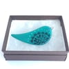 Teal bird brooch with silver beak