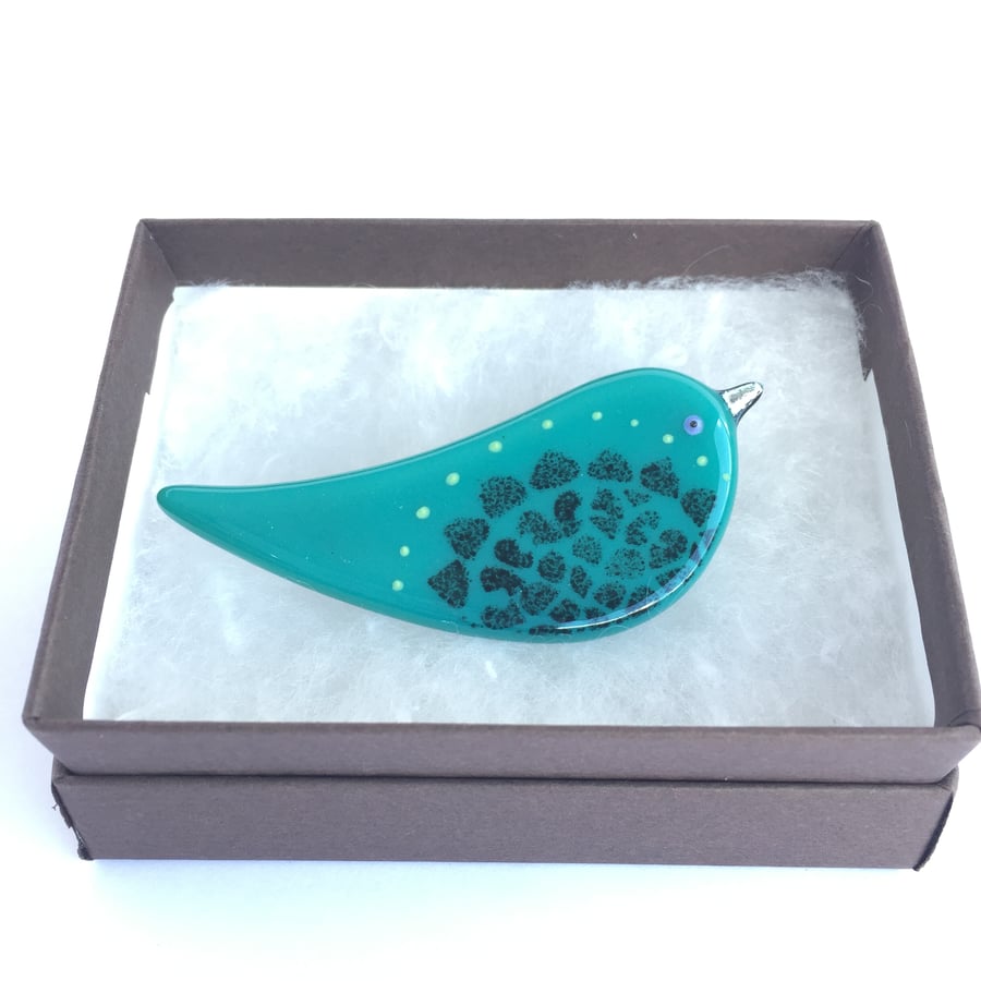 Teal bird brooch with silver beak