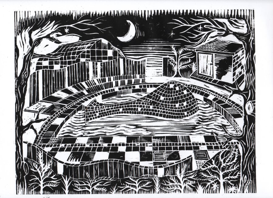 The Whale, Riversley Park, Nuneaton, linocut print by John Freeman