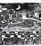 The Whale, Riversley Park, Nuneaton, linocut print by John Freeman