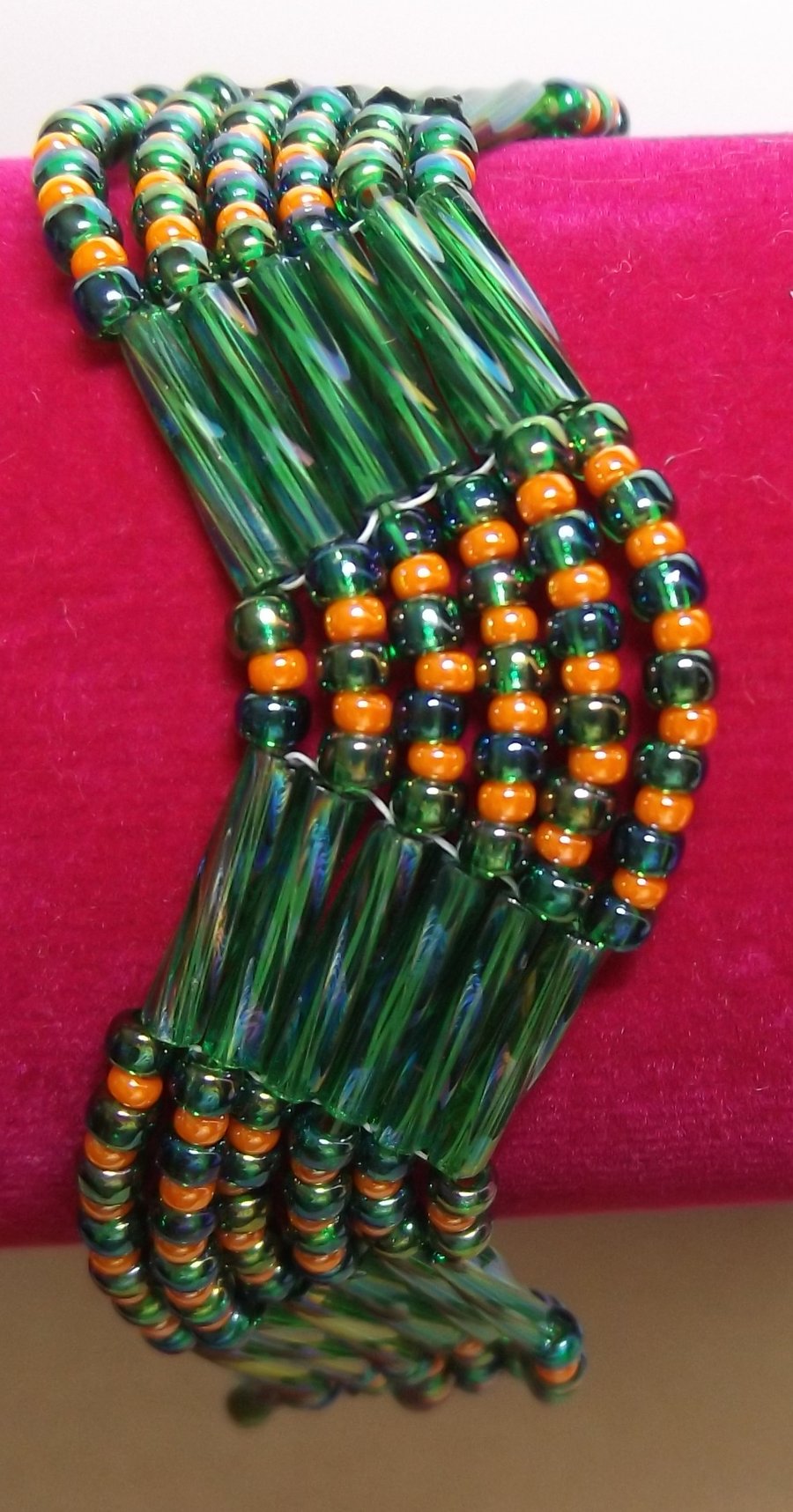 Green and Orange Seed Beaded Bracelet 