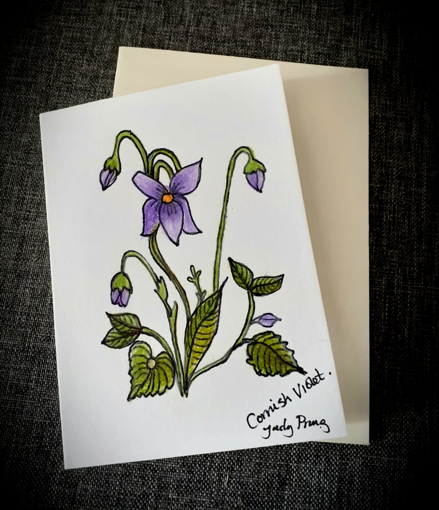 Hand drawn coastal Cornish violets flower card 
