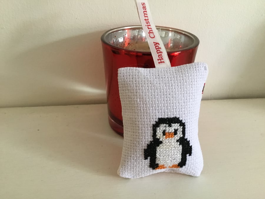 Cross stitch penguin hanging decoration. CC243