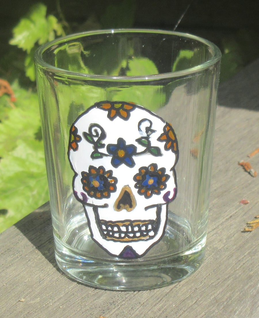 Shot Glass or tealight - hand painted sugar skull with blue flower