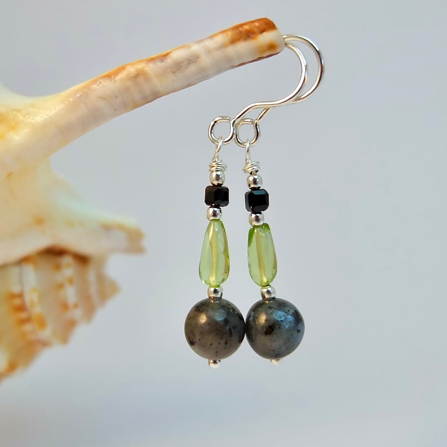Peridot, Larvikite, Black Spinel & Silver Earrings, August Birthstone Jewellery