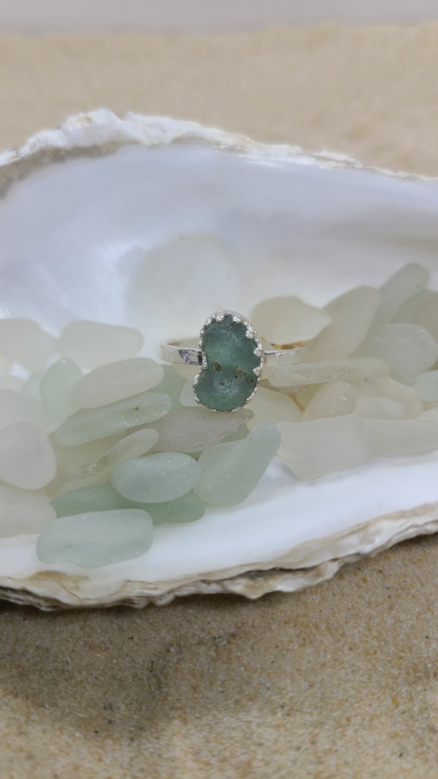 Light teal grey sea glass and silver ring SG11