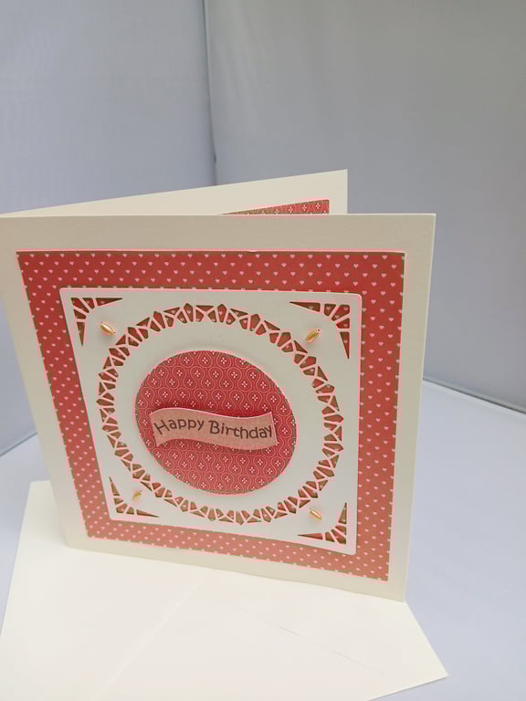 Birthday Card in Peach and Cream with Beads