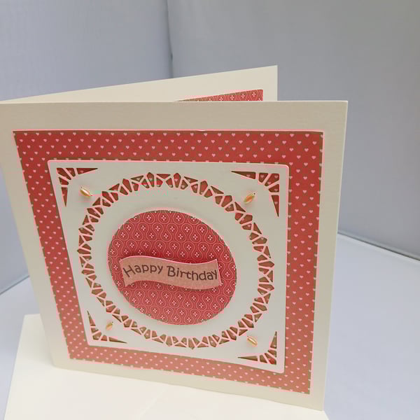 Birthday Card in Peach and Cream with Beads