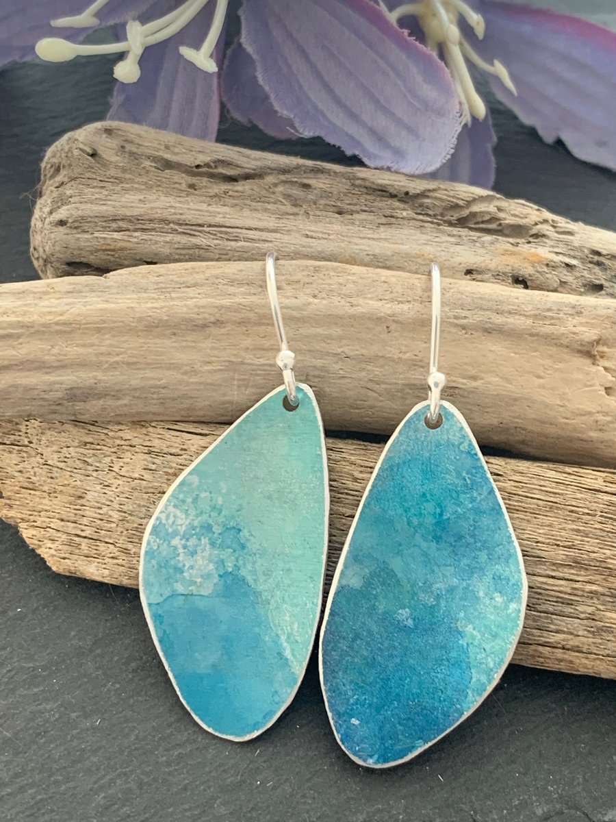 Printed Aluminium and sterling silver earrings - Ocean Blue Waves