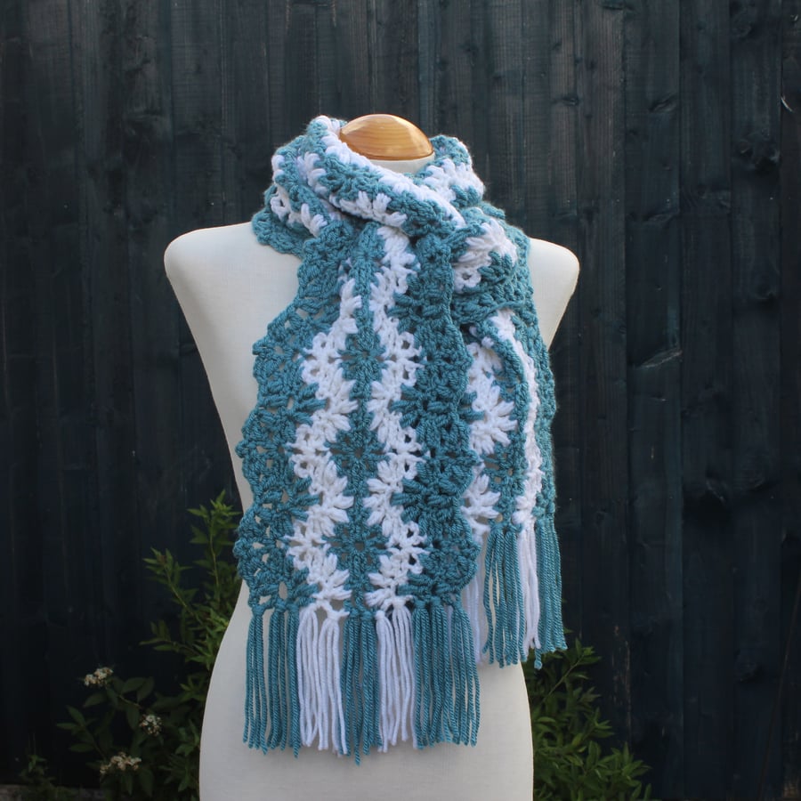 Crochet Stripey Scarf in Teal and White