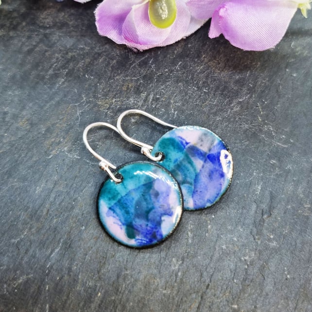 Abstract Colour enamel round drop earrings - purple